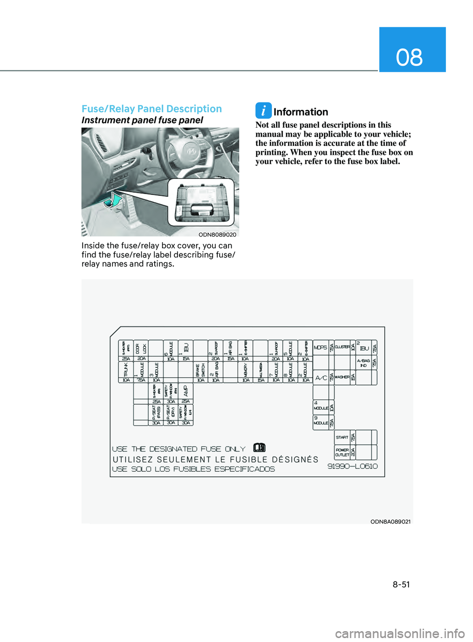 HYUNDAI SONATA 2021 Owners Manual 08
8-51
Fuse/Relay Panel Description
Instrument panel fuse panel
ODN8089020
Inside the fuse/relay box cover, you can
find the fuse/relay label describing fuse/
relay names and ratings.
Information
N HYUNDAI SONATA 2021 Owners Manual 08
8-51
Fuse/Relay Panel Description
Instrument panel fuse panel
ODN8089020
Inside the fuse/relay box cover, you can
find the fuse/relay label describing fuse/
relay names and ratings.
Information
N
