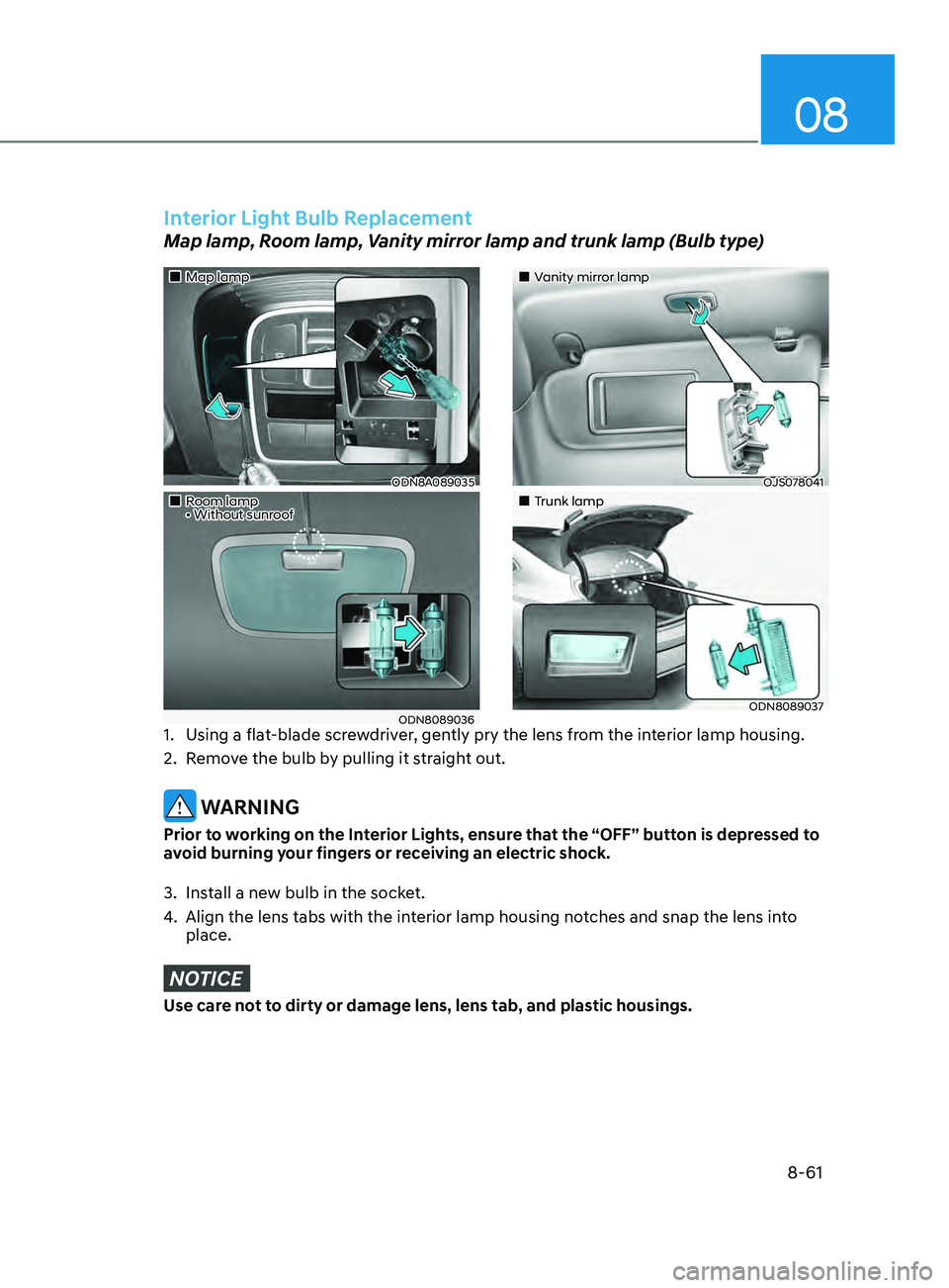 HYUNDAI SONATA 2021 Owners Manual 08
8-61
Map lamp
ODN8A089035
Room lamp • Without sunroof
ODN8089036
Vanity mirror lamp
OJS078041
Trunk lamp
ODN8089037
Interior Light Bulb Replacement HYUNDAI SONATA 2021 Owners Manual 08
8-61
Map lamp
ODN8A089035
Room lamp • Without sunroof
ODN8089036
Vanity mirror lamp
OJS078041
Trunk lamp
ODN8089037
Interior Light Bulb Replacement