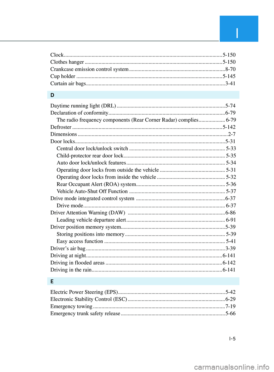 HYUNDAI SONATA 2021 User Guide I
I-5
Clock ........................................................................\
..........................................5-150
Clothes hanger
 
 ................................................