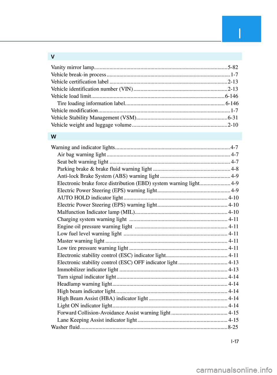 HYUNDAI SONATA 2021 Owners Manual I
I-17
V
Vanity mirror lamp
........................................................................\
....................... 5-82
Vehicle break-in process
....................................... HYUNDAI SONATA 2021 Owners Manual I
I-17
V
Vanity mirror lamp
........................................................................\
....................... 5-82
Vehicle break-in process
.......................................
