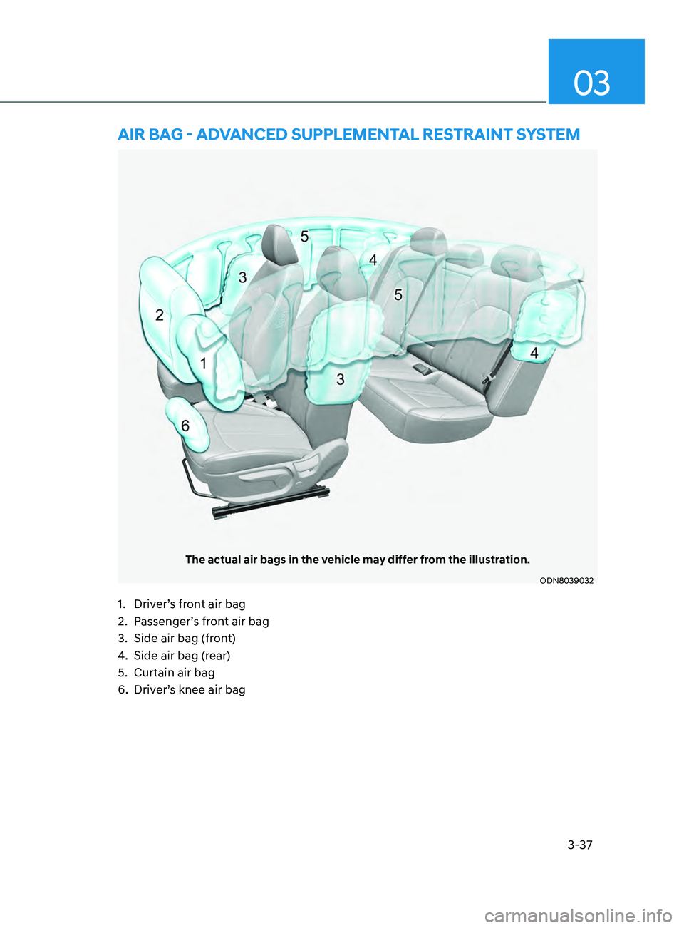 HYUNDAI SONATA 2021 Repair Manual 3-37
03
aiR Bag - advanCed supplemental RestRaint system
The actual air bags in the vehicle may differ from the illustration.
ODN8039032
1. Driver’s front air bag
2.
P
assenger’s front air bag
HYUNDAI SONATA 2021 Repair Manual 3-37
03
aiR Bag - advanCed supplemental RestRaint system
The actual air bags in the vehicle may differ from the illustration.
ODN8039032
1. Driver’s front air bag
2.
P
assenger’s front air bag