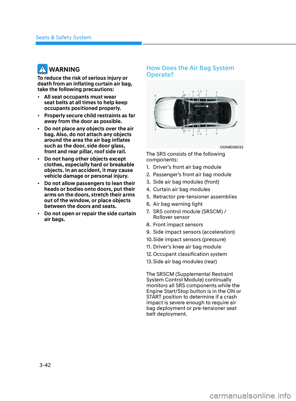 HYUNDAI SONATA 2021 Repair Manual 3-42
WARNING
To reduce the risk of serious injury or
death from an inflating curtain air bag,
take the following precautions:
• All seat occupants must wear
seat belts at all times to help keep HYUNDAI SONATA 2021 Repair Manual 3-42
WARNING
To reduce the risk of serious injury or
death from an inflating curtain air bag,
take the following precautions:
• All seat occupants must wear
seat belts at all times to help keep