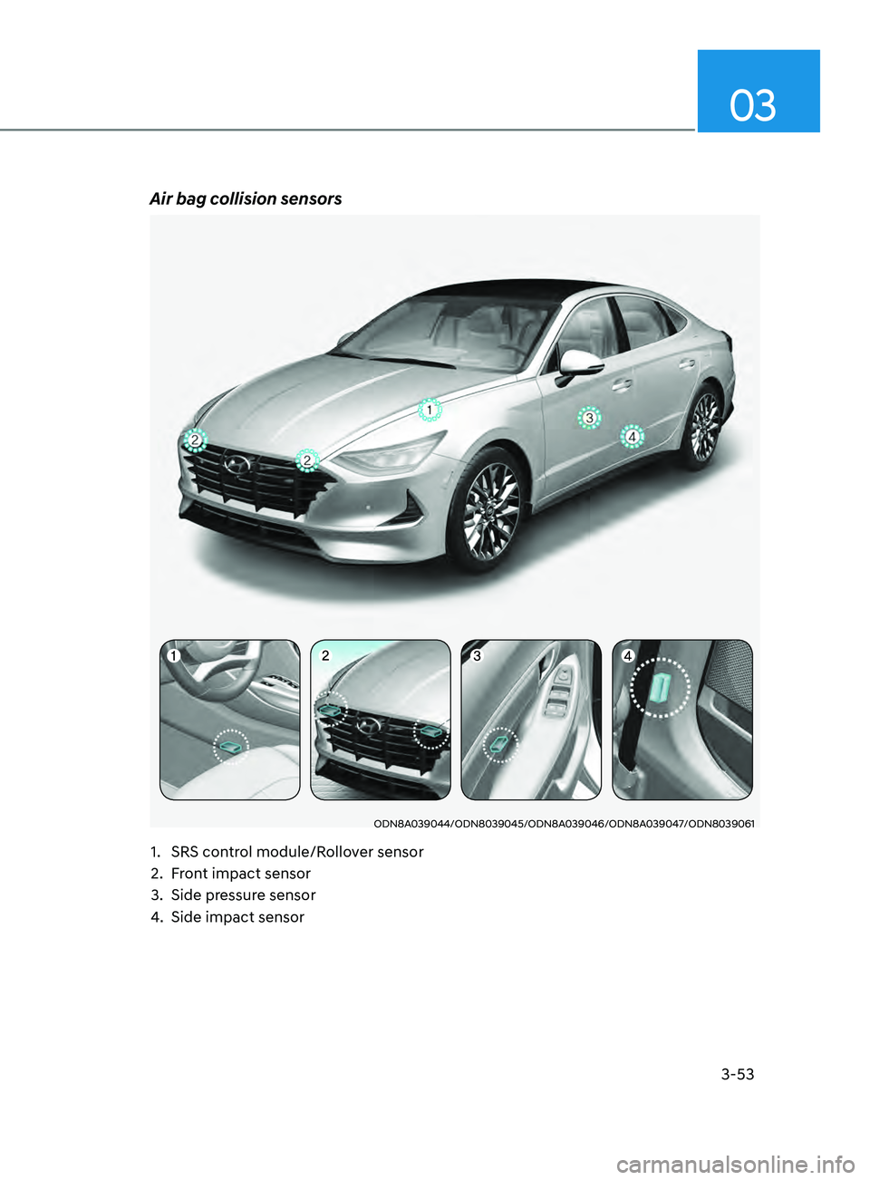 HYUNDAI SONATA 2021 Manual Online 3-53
03
Air bag collision sensors
ODN8A039044/ODN8039045/ODN8A039046/ODN8A039047/ODN8039061
1. SRS control module/Rollover sensor
2.
F
ront impact sensor
3.
Side pr
essure sensor
4.
Side impact HYUNDAI SONATA 2021 Manual Online 3-53
03
Air bag collision sensors
ODN8A039044/ODN8039045/ODN8A039046/ODN8A039047/ODN8039061
1. SRS control module/Rollover sensor
2.
F
ront impact sensor
3.
Side pr
essure sensor
4.
Side impact