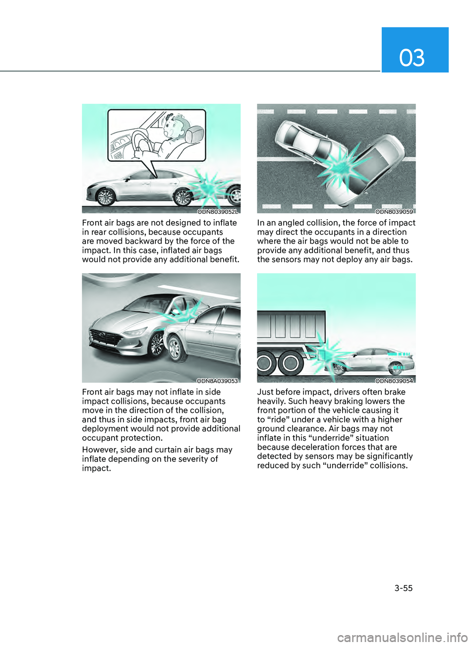 HYUNDAI SONATA 2021 Manual Online 03
3-55
ODN8039052L
Front air bags are not designed to inflate
in rear collisions, because occupants
are moved backward by the force of the
impact. In this case, inflated air bags
would not provid HYUNDAI SONATA 2021 Manual Online 03
3-55
ODN8039052L
Front air bags are not designed to inflate
in rear collisions, because occupants
are moved backward by the force of the
impact. In this case, inflated air bags
would not provid