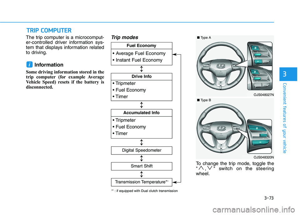 HYUNDAI VELOSTER 2021 Owners Manual 3-73
Convenient features of your vehicle
3
The trip computer is a microcomput-
er-controlled driver information sys-
tem that displays information related
to driving.
Information
Some driving informa HYUNDAI VELOSTER 2021 Owners Manual 3-73
Convenient features of your vehicle
3
The trip computer is a microcomput-
er-controlled driver information sys-
tem that displays information related
to driving.
Information
Some driving informa