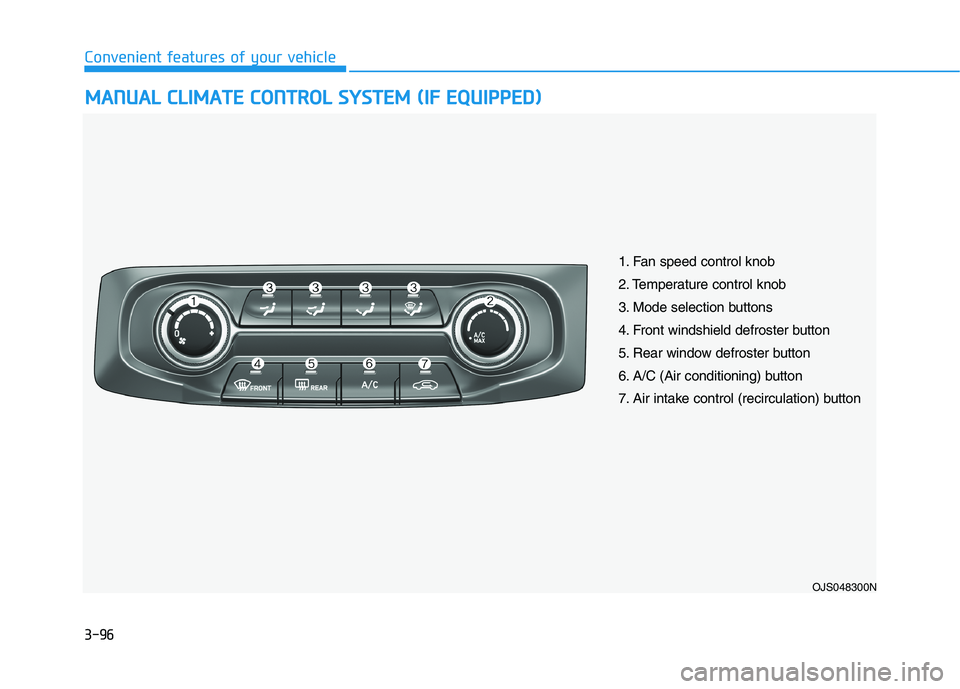 HYUNDAI VELOSTER 2021 Owners Manual 3-96
Convenient features of your vehicle
M MA
AN
NU
UA
AL
L
C
CL
LI
IM
MA
AT
TE
E
C
CO
ON
NT
TR
RO
OL
L
S
SY
YS
ST
TE
EM
M
(
(I
IF
F
E
EQ
QU
UI
IP
PP
PE
ED
D)
)
OJS048300N
1. Fan speed contr HYUNDAI VELOSTER 2021 Owners Manual 3-96
Convenient features of your vehicle
M MA
AN
NU
UA
AL
L
C
CL
LI
IM
MA
AT
TE
E
C
CO
ON
NT
TR
RO
OL
L
S
SY
YS
ST
TE
EM
M
(
(I
IF
F
E
EQ
QU
UI
IP
PP
PE
ED
D)
)
OJS048300N
1. Fan speed contr