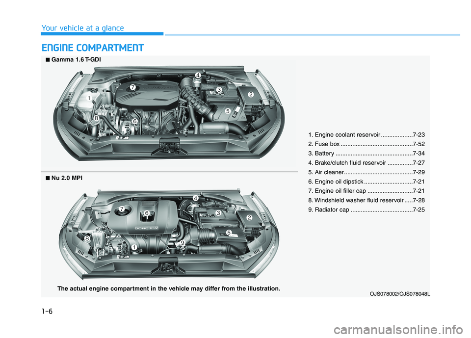 HYUNDAI VELOSTER 2021  Owners Manual 1-6
Your vehicle at a glance
E
EN
N G
GI
IN
N E
E 
 C
C O
O M
M P
PA
A R
RT
TM
M E
EN
N T
T
1. Engine coolant reservoir ...................7-23
2. Fuse box ...........................................7