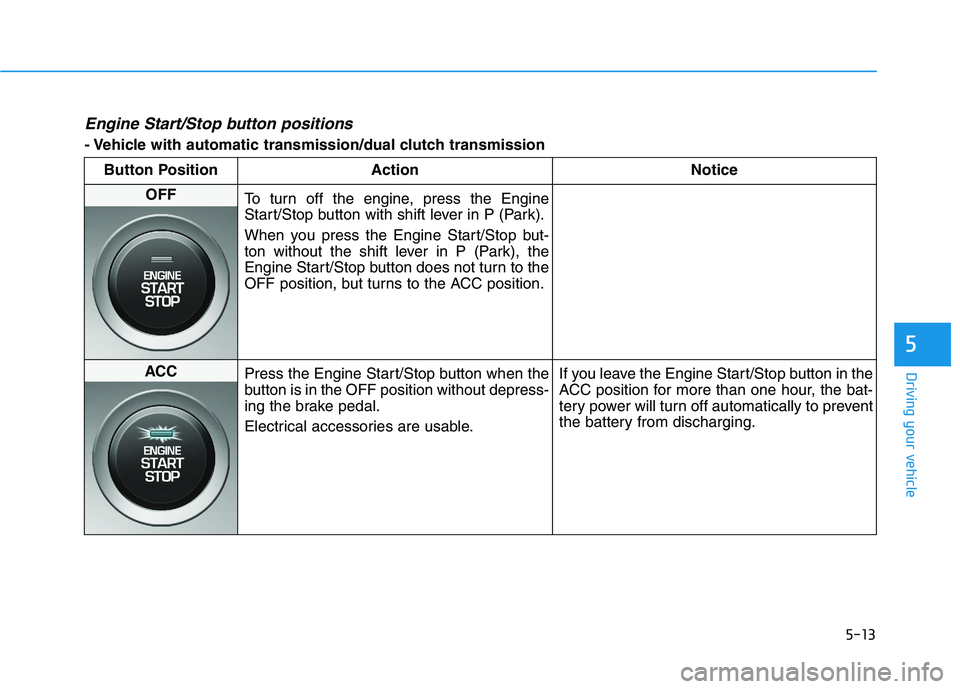 HYUNDAI VELOSTER 2021 Owners Manual 5-13
Driving your vehicle
5
Engine Start/Stop button positions
- Vehicle with automatic transmission/dual clutch transmission
Button Position Action Notice
OFF
To turn off the engine, press the Engin HYUNDAI VELOSTER 2021 Owners Manual 5-13
Driving your vehicle
5
Engine Start/Stop button positions
- Vehicle with automatic transmission/dual clutch transmission
Button Position Action Notice
OFF
To turn off the engine, press the Engin