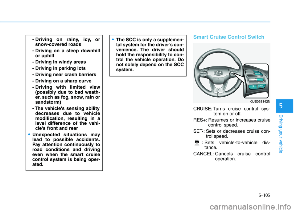 HYUNDAI VELOSTER 2021 Owners Manual 5-105
Driving your vehicle
5
Smart Cruise Control Switch
CRUISE: Turns cruise control sys-
tem on or off.
RES+: Resumes or increases cruise
control speed.
SET-: Sets or decreases cruise con-
trol spee HYUNDAI VELOSTER 2021 Owners Manual 5-105
Driving your vehicle
5
Smart Cruise Control Switch
CRUISE: Turns cruise control sys-
tem on or off.
RES+: Resumes or increases cruise
control speed.
SET-: Sets or decreases cruise con-
trol spee