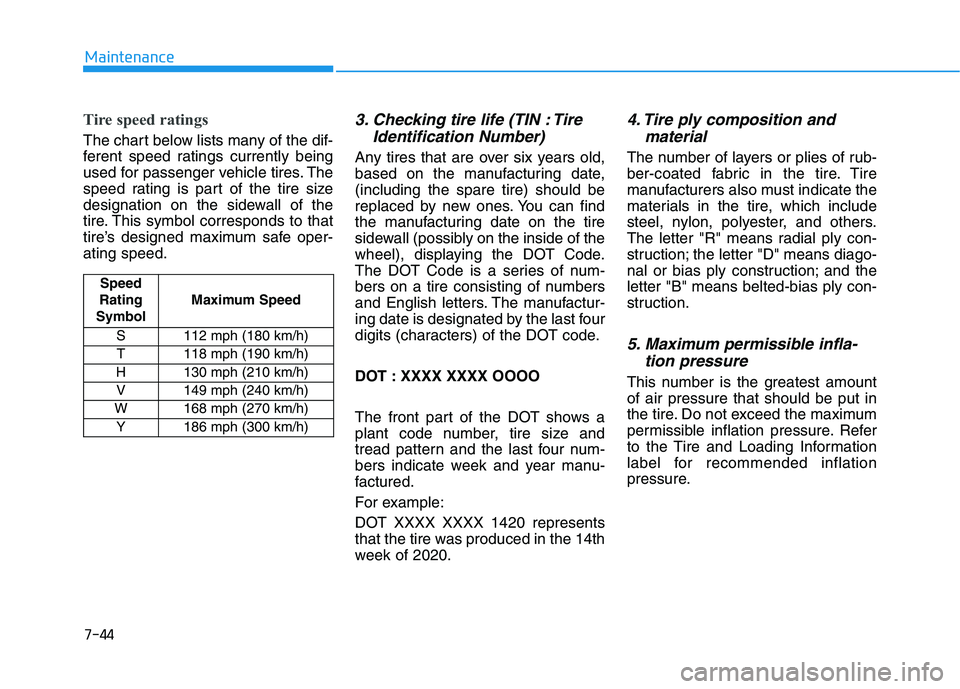 HYUNDAI VELOSTER 2021  Owners Manual 7-44
Maintenance
Tire speed ratings 
The chart below lists many of the dif-
ferent speed ratings currently being
used for passenger vehicle tires. The
speed rating is part of the tire size
designation
