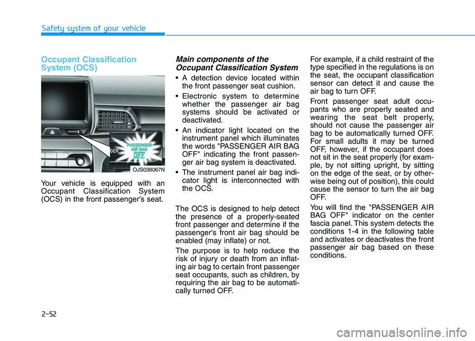 HYUNDAI VELOSTER 2021 Manual PDF 2-52
Safety system of your vehicle
Occupant Classification
System (OCS)
Your vehicle is equipped with an
Occupant Classification System
(OCS) in the front passengers seat.
Main components of the
Occu HYUNDAI VELOSTER 2021 Manual PDF 2-52
Safety system of your vehicle
Occupant Classification
System (OCS)
Your vehicle is equipped with an
Occupant Classification System
(OCS) in the front passengers seat.
Main components of the
Occu