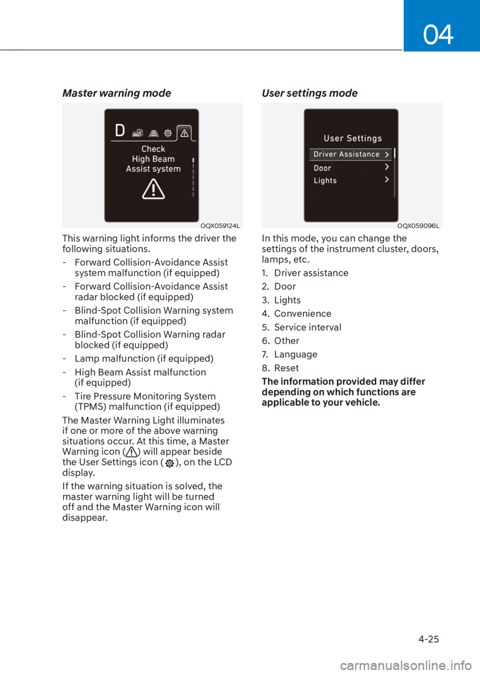 HYUNDAI VENUE 2021  Owners Manual 04
4-25
Master warning mode
OQX059124L
This warning light informs the driver the 
following situations.
  - Forward Collision-Avoidance Assist 
system malfunction (if equipped)
  - Forward Collision-A