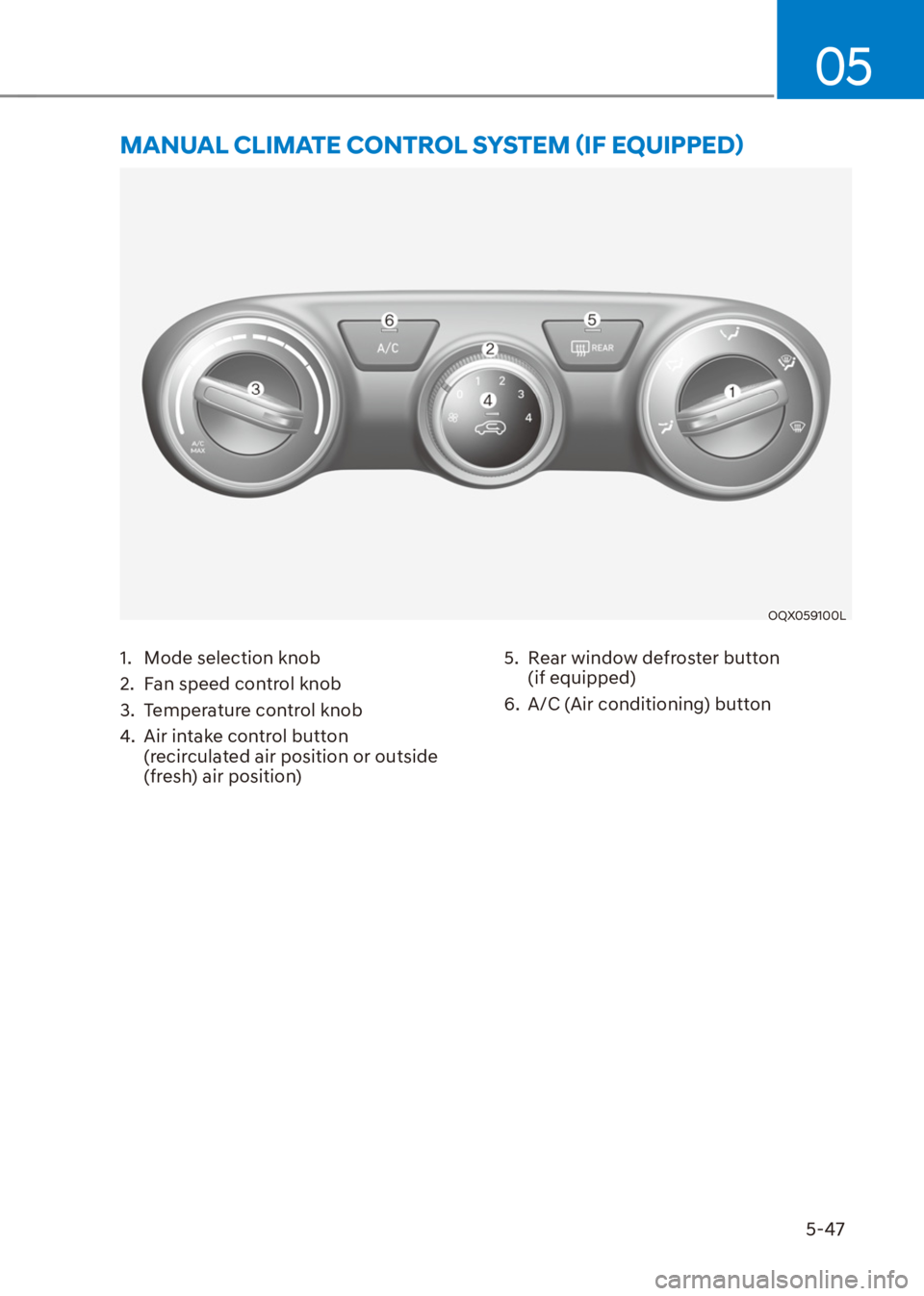 HYUNDAI VENUE 2021  Owners Manual 5-47
05
1.  Mode selection knob
2.  Fan speed control knob
3.  Temperature control knob
4.  Air intake control button  
(recirculated air position or outside 
(fresh) air position)5.  Rear window defr