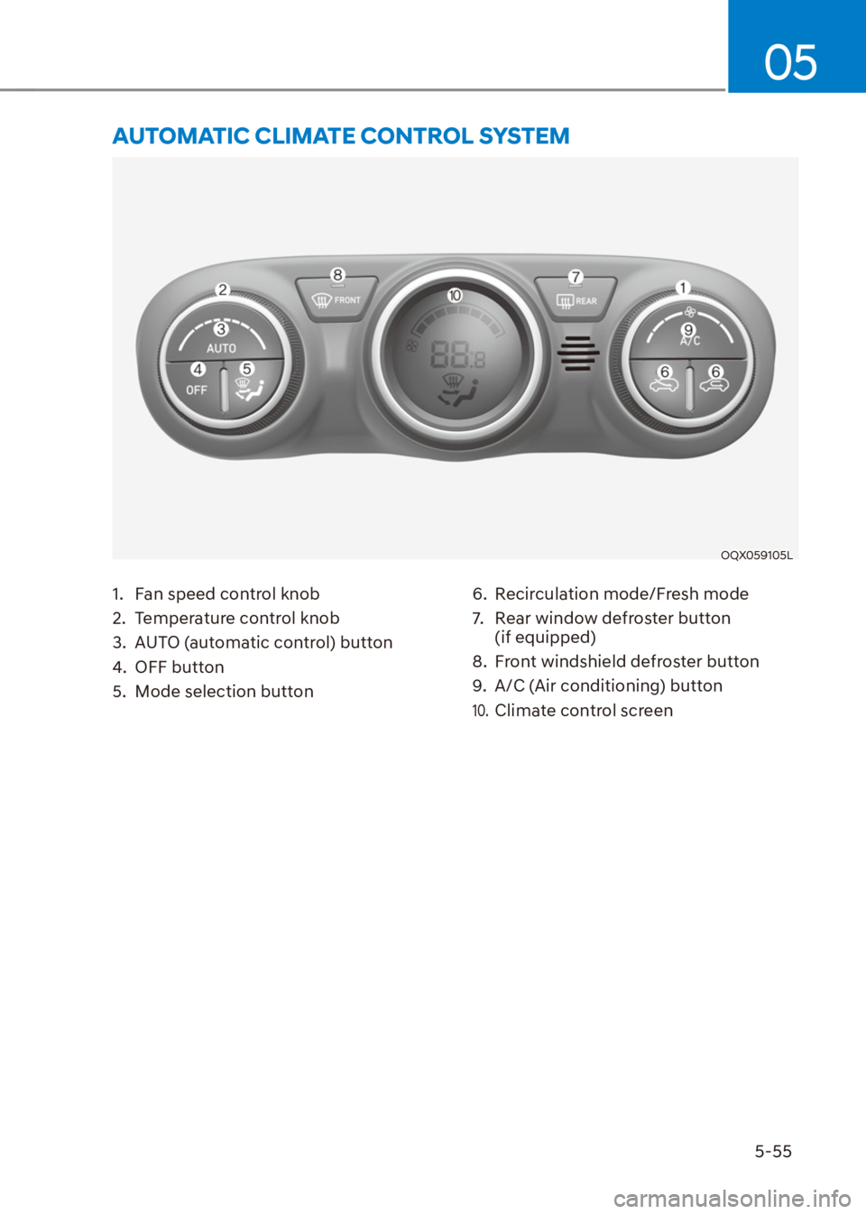 HYUNDAI VENUE 2021  Owners Manual 5-55
05
1.  Fan speed control knob
2.  Temperature control knob
3.  AUTO (automatic control) button
4. OFF button
5.  Mode selection button6.  Recirculation mode/Fresh mode
7.  Rear window defroster b