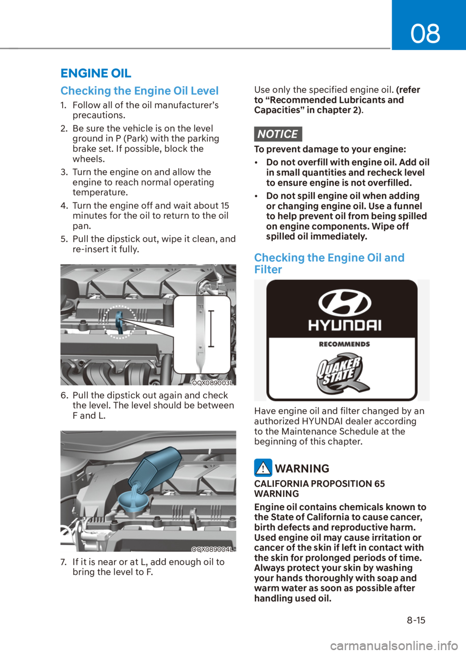 HYUNDAI VENUE 2021  Owners Manual 08
8-15
Checking the Engine Oil Level
1.  Follow all of the oil manufacturer’s 
precautions.
2.  Be sure the vehicle is on the level 
ground in P (Park) with the parking 
brake set. If possible, blo