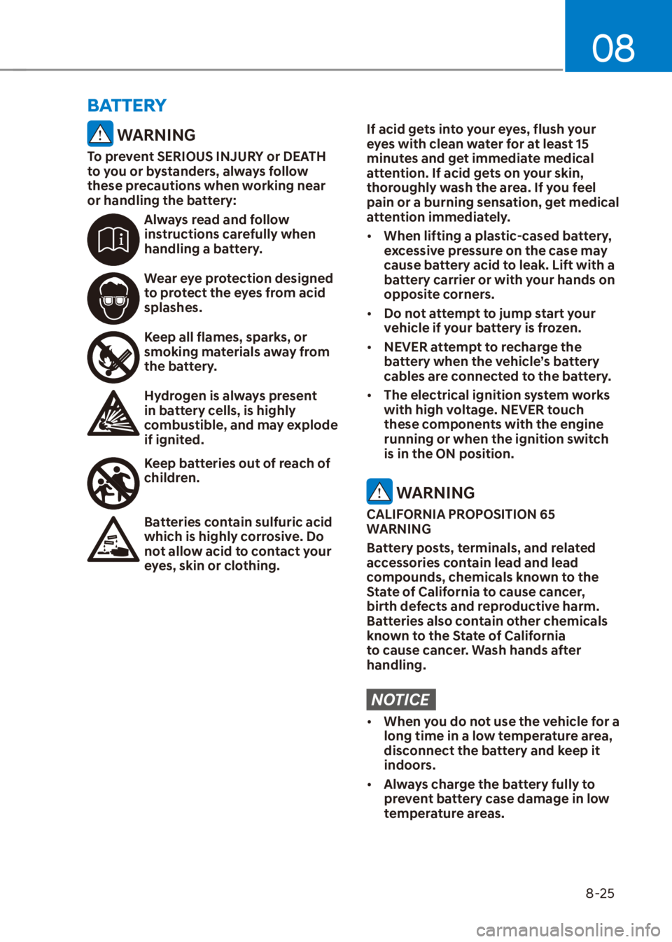 HYUNDAI VENUE 2021  Owners Manual 08
8-25
BATTERY
 WARNING
To prevent SERIOUS INJURY or DEATH 
to you or bystanders, always follow 
these precautions when working near 
or handling the battery:
Always read and follow 
instructions car