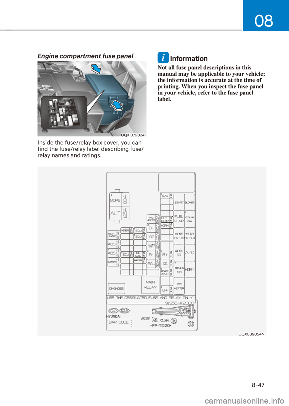 HYUNDAI VENUE 2021  Owners Manual 08
8-47
Engine compartment fuse panel
OQXI079024
Inside the fuse/relay box cover, you can 
find the fuse/relay label describing fuse/
relay names and ratings.
 Information
Not all fuse panel descripti