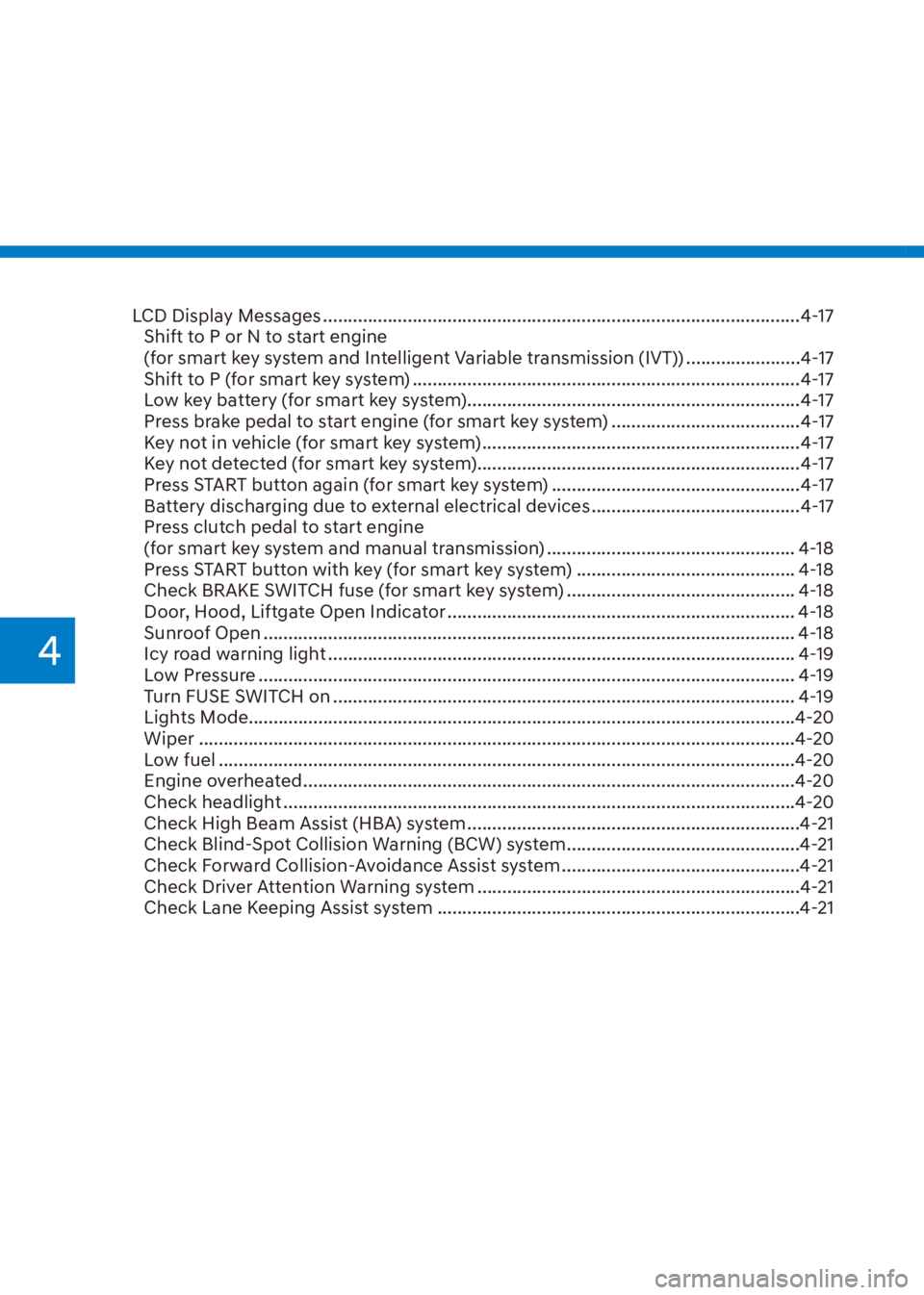 HYUNDAI VENUE 2021 Manual PDF 4
LCD Display Messages ................................................................................................4-17
Shift to P or N to start engine  
(for smart key system and Intelligent Vari