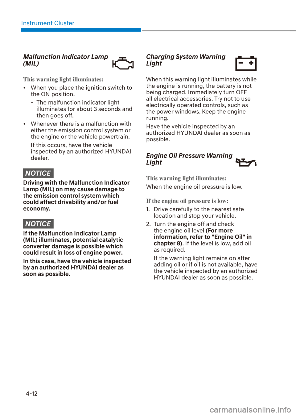 HYUNDAI VENUE 2021 User Guide Instrument Cluster
4-12
Malfunction Indicator Lamp 
(MIL)
This warning light illuminates:
[�When you place the ignition switch to 
the ON position.
  - The malfunction indicator light 
illuminates f