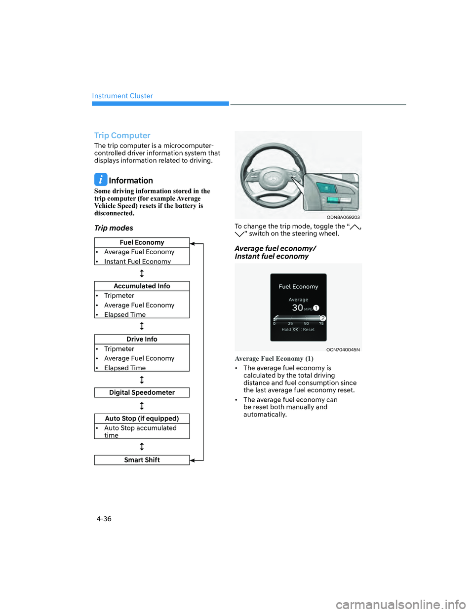HYUNDAI ELANTRA 2022  Owners Manual Instrument Cluster
4-36
Trip Computer
The trip computer is a microcomputer-
controlled driver information system that 
displays information related to driving.
 Information
Some driving information st