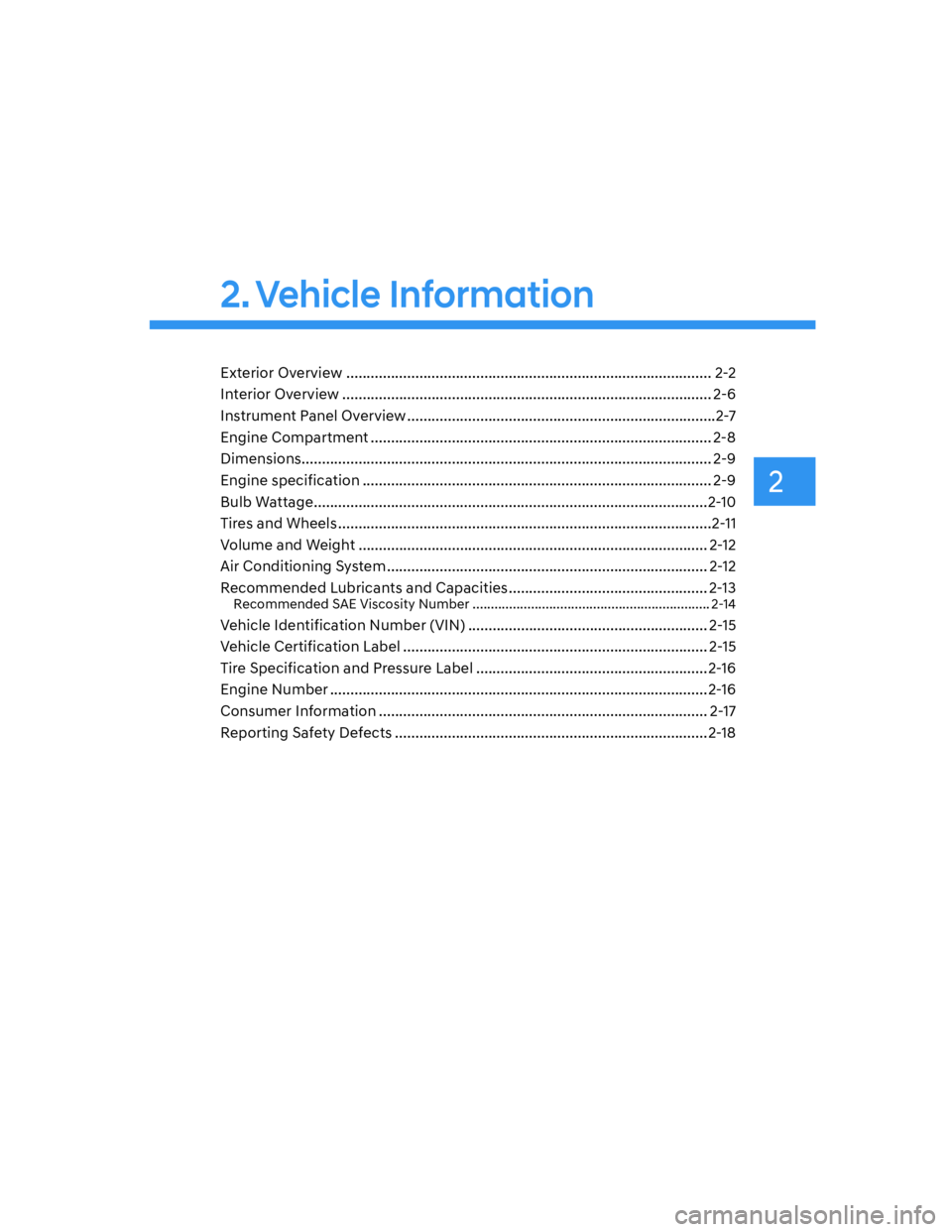 HYUNDAI ELANTRA 2022  Owners Manual 2
2. Vehicle Information
Exterior Overview .......................................................................................... 2-2
Interior Overview ............................................