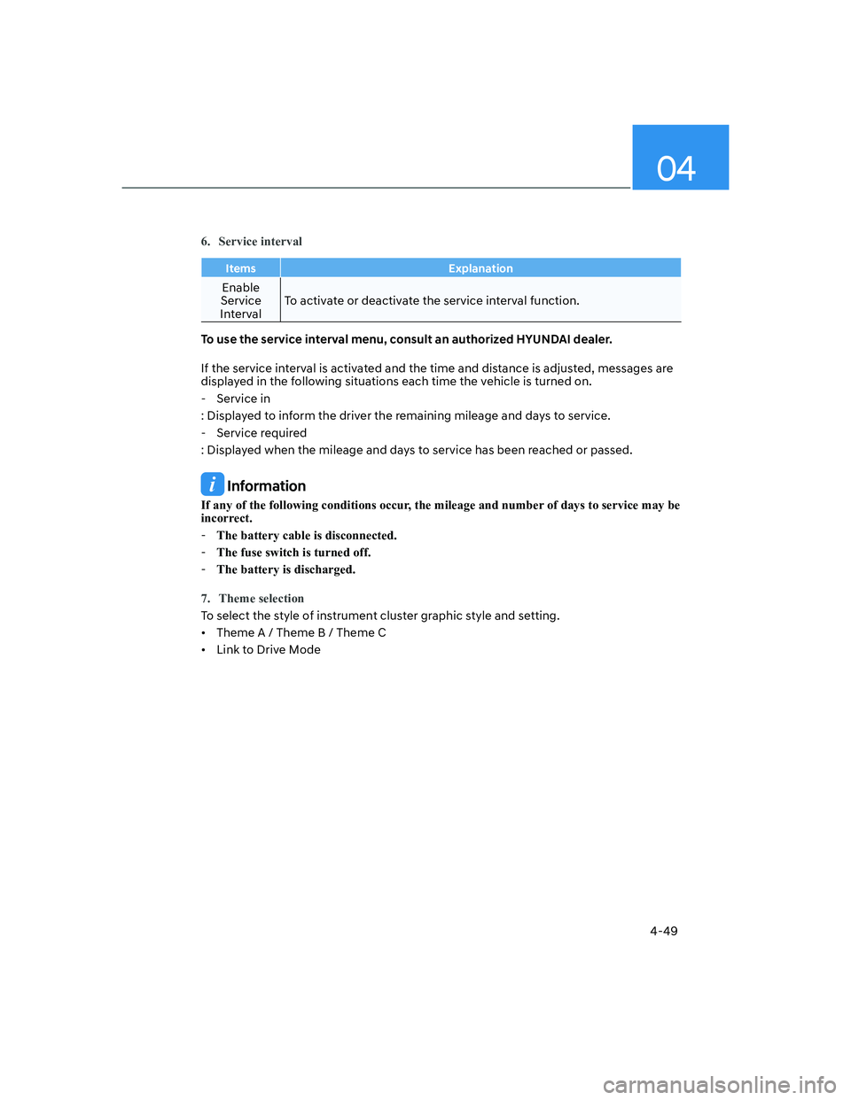HYUNDAI ELANTRA 2022  Owners Manual 04
4-49
6. Service interval
Items Explanation
Enable 
Service 
IntervalTo activate or deactivate the service interval function.
To use the service interval menu, consult an authorized HYUNDAI dealer.
