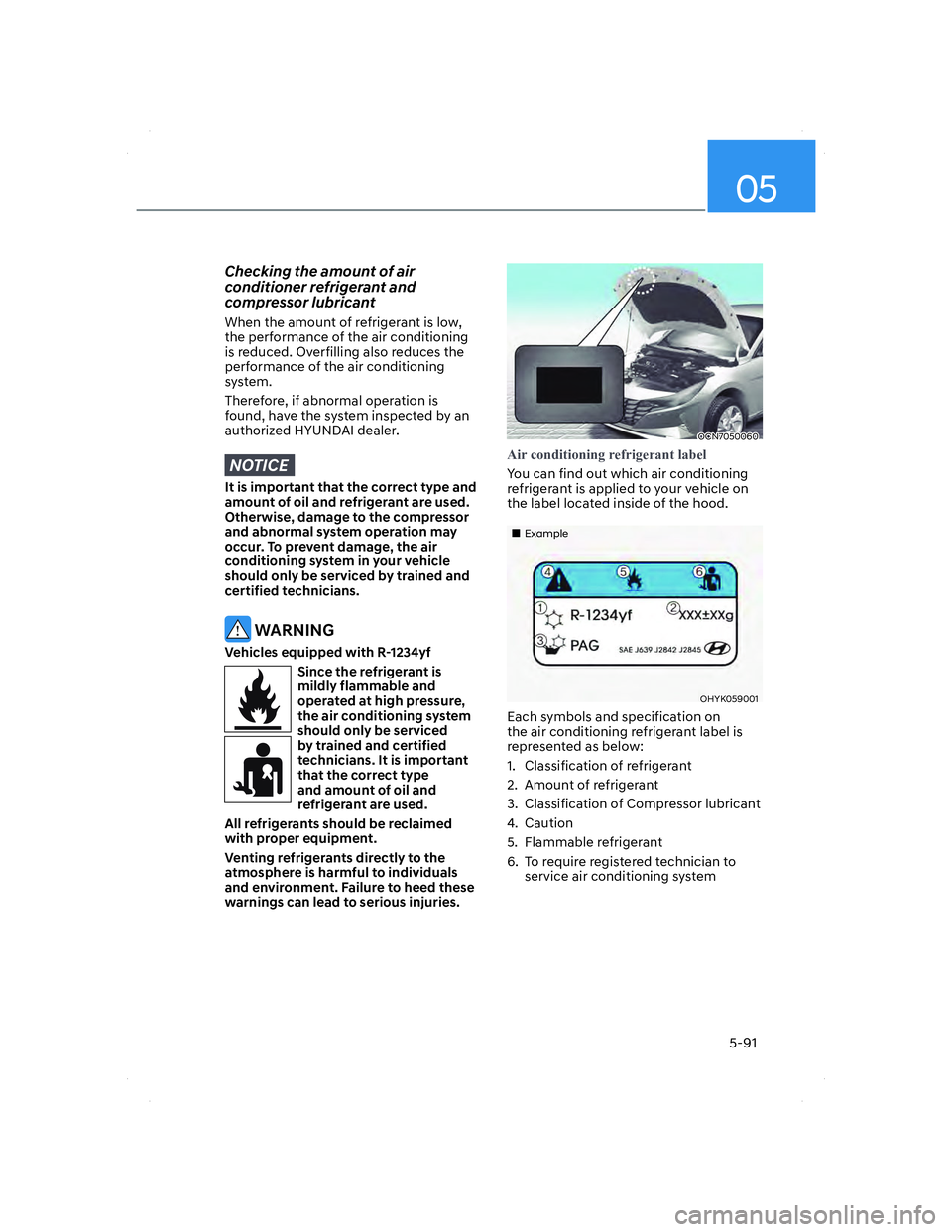 HYUNDAI ELANTRA 2022  Owners Manual 05
5-91
Checking the amount of air 
conditioner refrigerant and 
compressor lubricant
When the amount of refrigerant is low, 
the performance of the air conditioning 
is reduced. Overfilling also redu