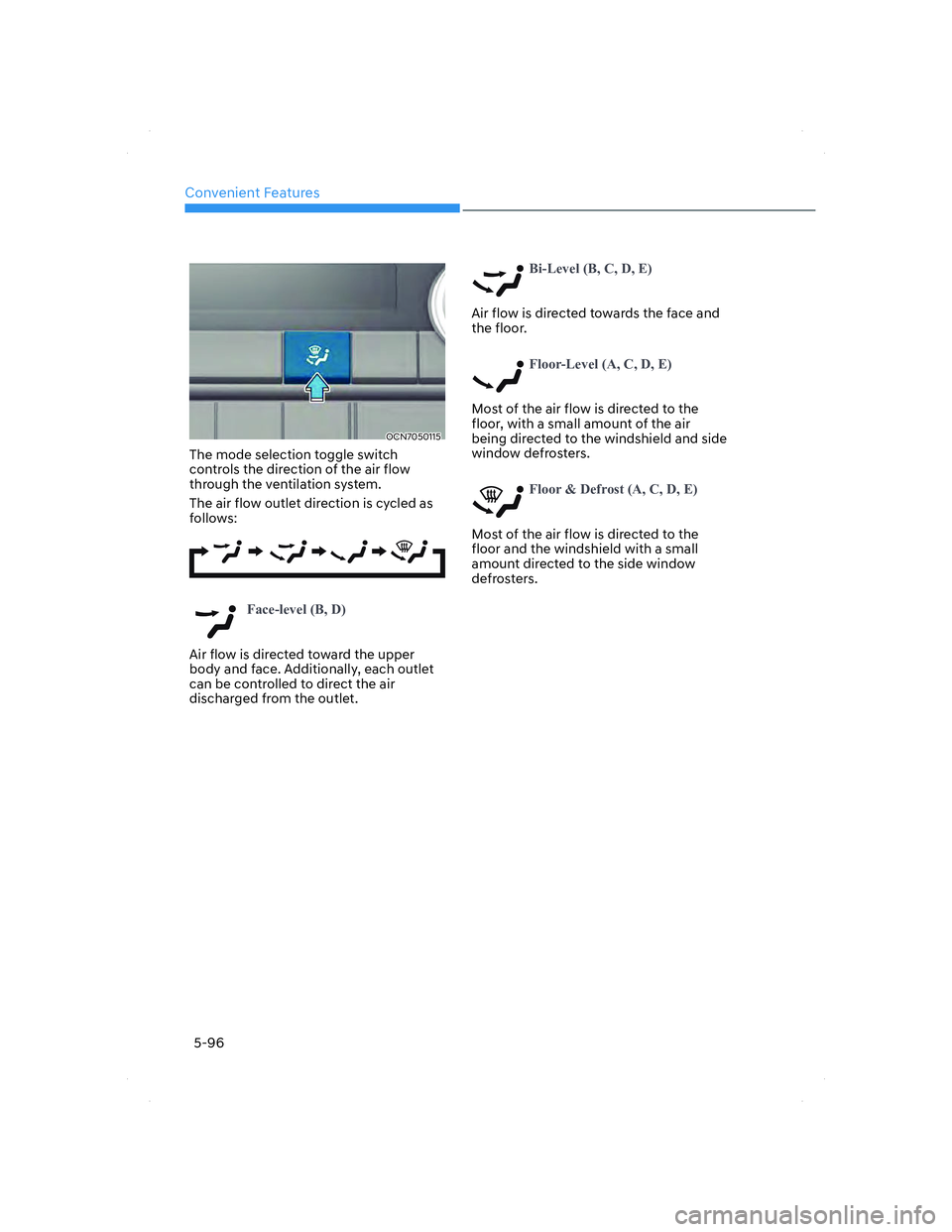 HYUNDAI ELANTRA 2022  Owners Manual Convenient Features
5-96
OCN7050115OCN7050115
The mode selection toggle switch 
controls the direction of the air flow 
through the ventilation system.
The air flow outlet direction is cycled as 
foll