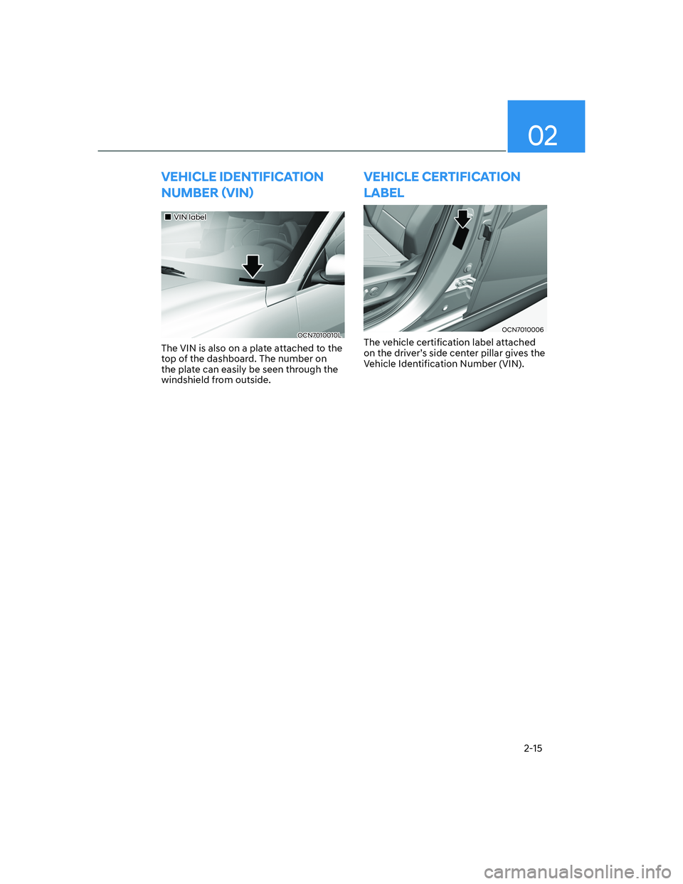 HYUNDAI ELANTRA 2022 Owners Manual 02
2-15
VEHICLE IDENTIFICATION 
NUMBER ãVINä
��„VIN label
OCN7010010L
The VIN is also on a plate attached to the 
top of the dashboard. The number on 
the plate can easily be seen through the 
