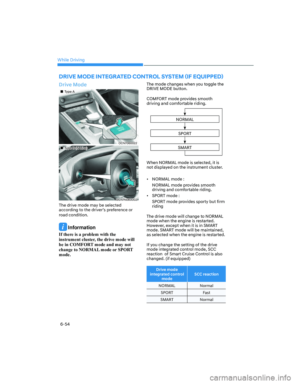 HYUNDAI ELANTRA 2022  Owners Manual While Driving
6-54
DRIVE MODE INTEGRATED CONTROL SYSTEM ãIF EQUIPPEDä
Drive Mode
��„Type A
OCN7060022
��„Type B (N Line)
OCN7N060002
The drive mode may be selected 
according to the driver