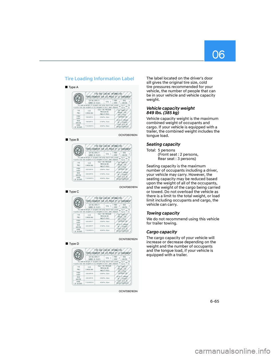 HYUNDAI ELANTRA 2022  Owners Manual 06
6-65
Tire Loading Information Label
OCN7060160N
��„Type A
��„Type B
OCN7060161N
��„Type C
OCN7060162N
��„Type D
OCN7060163N
The label located on the drivers door 
sill gives the origin