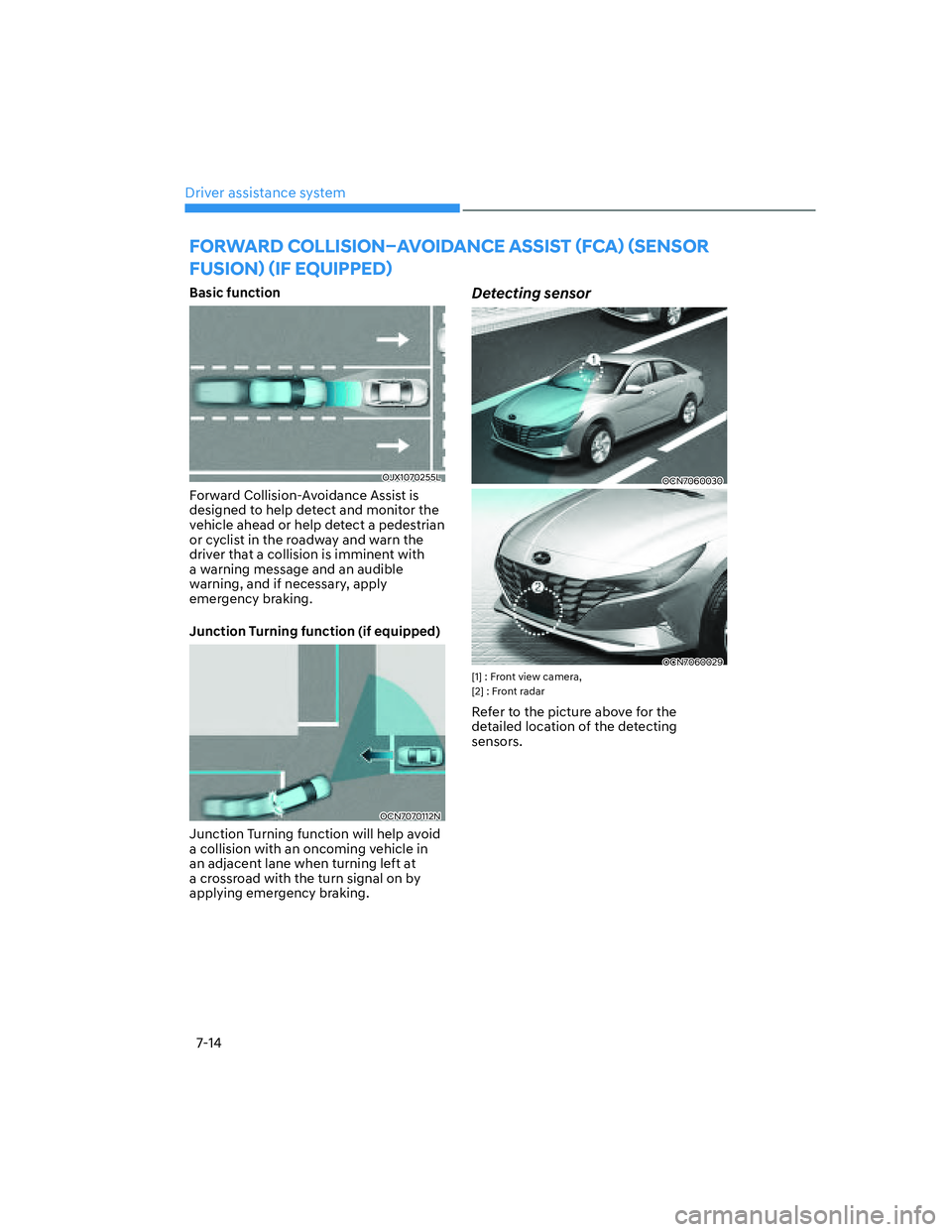 HYUNDAI ELANTRA 2022  Owners Manual Driver assistance system
7-14
FORWARD COLLISIONÙAVOIDANCE ASSIST ãFCAä ãSENSOR 
FUSIONä ãIF EQUIPPEDä
Basic function
OJX1070255L
Forward Collision-Avoidance Assist is 
designed to help d