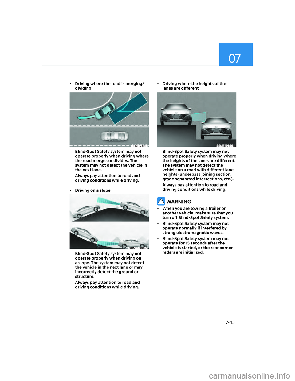HYUNDAI ELANTRA 2022  Owners Manual 07
7-45
[�Driving where the road is merging/
dividing
OHY059010
Blind-Spot Safety system may not 
operate properly when driving where 
the road merges or divides. The 
system may not detect the vehi