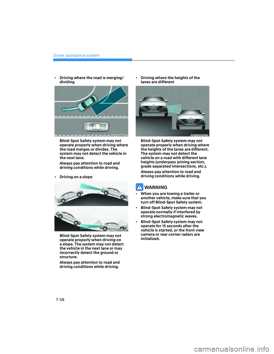HYUNDAI ELANTRA 2022  Owners Manual Driver assistance system
7-58
[�Driving where the road is merging/
dividing
OHY059010
Blind-Spot Safety system may not 
operate properly when driving where 
the road merges or divides. The 
system m