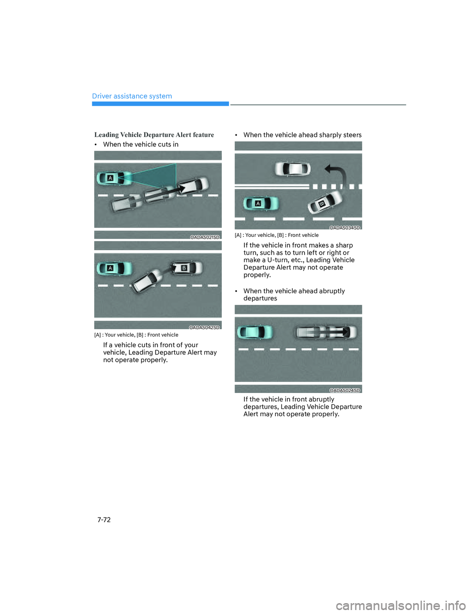 HYUNDAI ELANTRA 2022  Owners Manual Driver assistance system
7-72
Leading Vehicle Departure Alert feature
[�When the vehicle cuts in
OADAS021SD
OADAS042SD[A] : Your vehicle, [B] : Front vehicle
If a vehicle cuts in front of your 
vehi