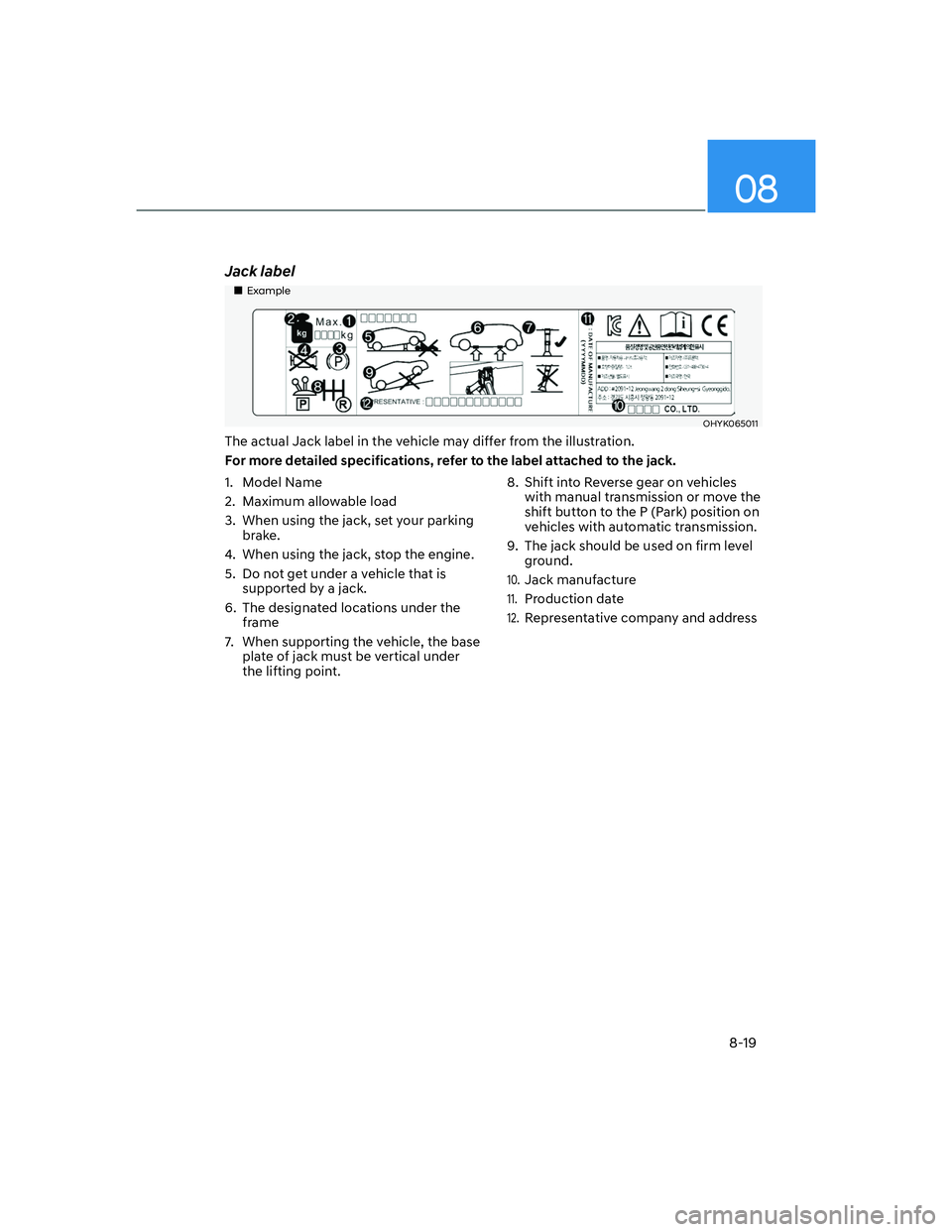 HYUNDAI ELANTRA 2022  Owners Manual 08
8-19
Jack label
��„Example
OHYK065011
The actual Jack label in the vehicle may differ from the illustration.
For more detailed specifications, refer to the label attached to the jack.
1. Model N