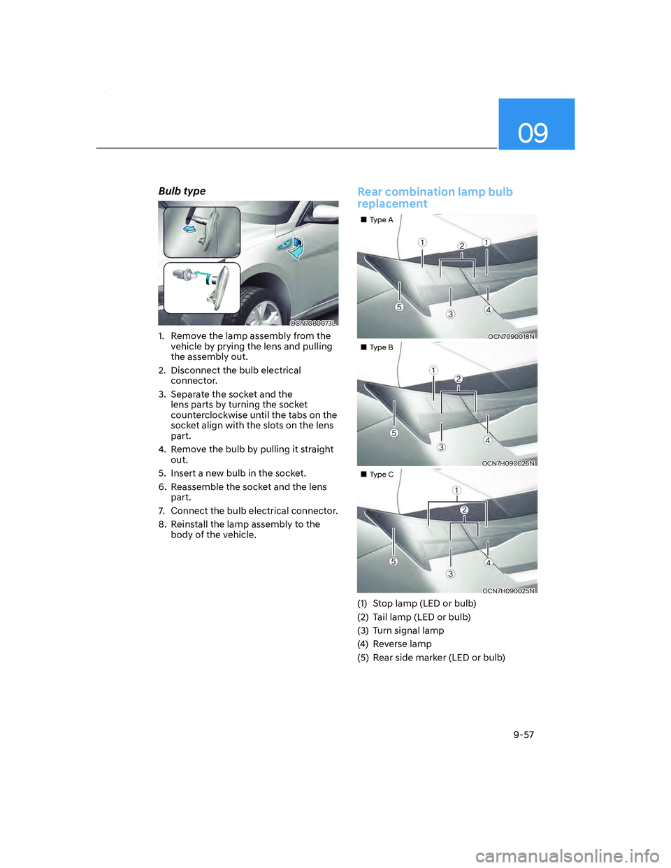 HYUNDAI ELANTRA 2022  Owners Manual 09
9-57
Bulb type
OCN7080073LOCN7080073L
1.  Remove the lamp assembly from the 
vehicle by prying the lens and pulling 
the assembly out.
2.  Disconnect the bulb electrical 
connector.
3.  Separate th