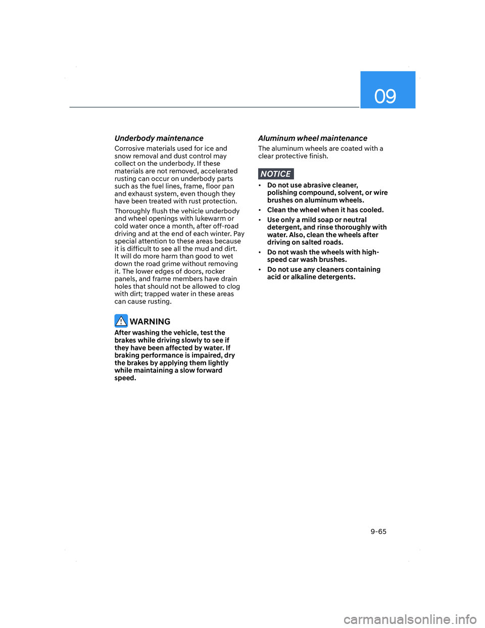 HYUNDAI ELANTRA 2022  Owners Manual 09
9-65
Underbody maintenance
Corrosive materials used for ice and 
snow removal and dust control may 
collect on the underbody. If these 
materials are not removed, accelerated 
rusting can occur on 