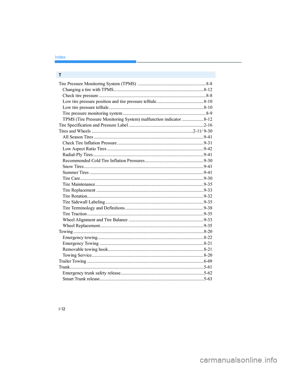 HYUNDAI ELANTRA 2022  Owners Manual Index
I-12
T
Tire Pressure Monitoring System (TPMS)  ........................................................... 8-8
Changing a tire with TPMS..........................................................
