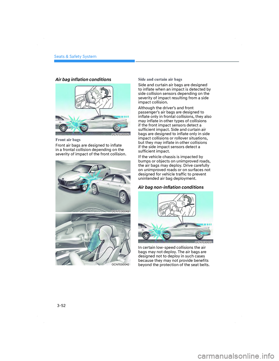 HYUNDAI ELANTRA 2022 Manual Online Seats & Safety System
3-52
Air bag inflation conditions
OCN7030050OCN7030050
�)�U�R�Q�W��D�L�U��E�D�J�V
Front air bags are designed to inflate 
in a frontal collision depending on the 
severity of i