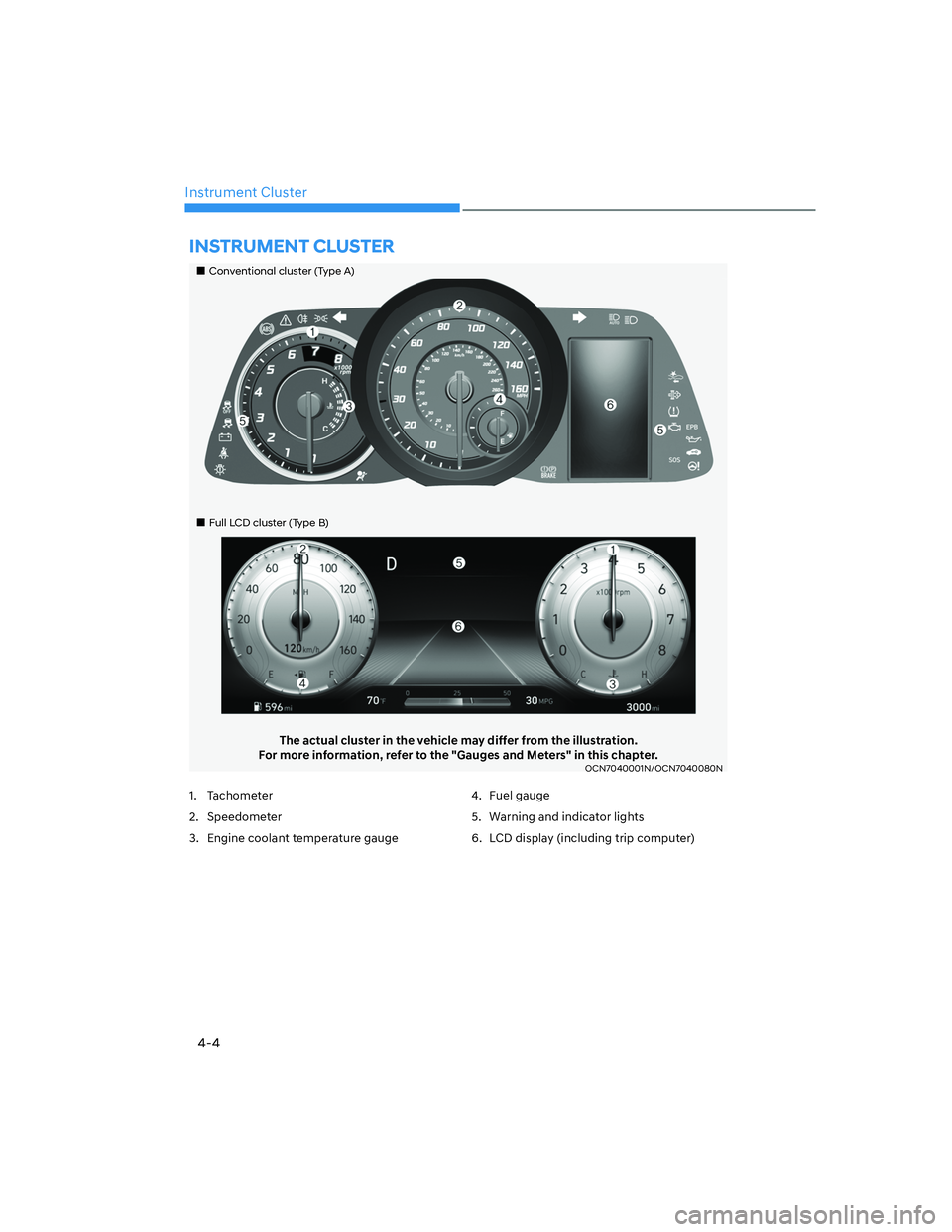 HYUNDAI ELANTRA 2022 Manual Online 4-4
Instrument Cluster
The actual cluster in the vehicle may differ from the illustration.
For more information, refer to the "Gauges and Meters" in this chapter.
OCN7040001N/OCN7040080N
INSTRUMENT CL