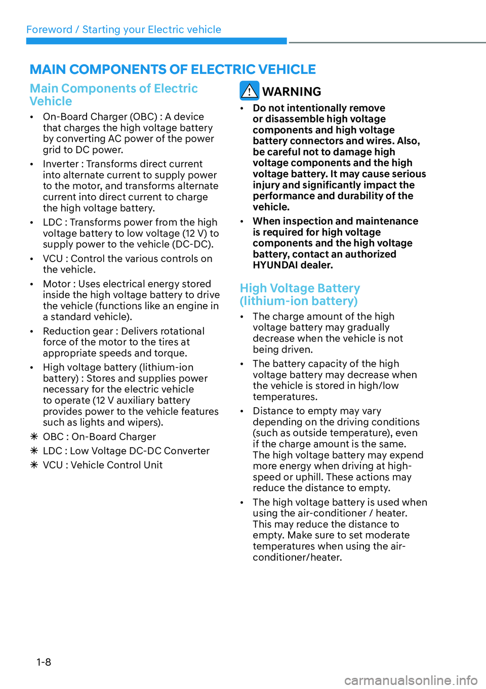 HYUNDAI IONIQ 5 2022  Owners Manual Foreword / Starting your Electric vehicle
1-8
MAIN COMPONENTS OF ELECTRIC VEHICLE
Main Components of Electric 
Vehicle
[�On-Board Charger (OBC) : A device 
that charges the high voltage battery 
by 