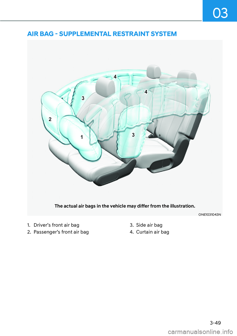 HYUNDAI IONIQ 5 2022  Owners Manual 3-49
03
The actual air bags in the vehicle may differ from the illustration.
ONE1031043N
�$�,�5��%�$�*�