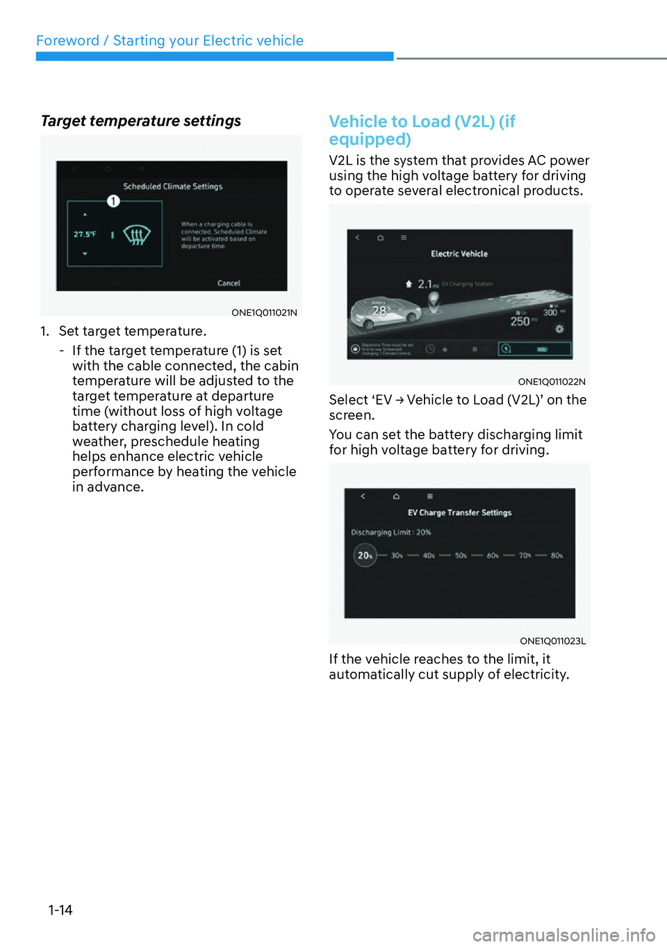 HYUNDAI IONIQ 5 2022  Owners Manual Foreword / Starting your Electric vehicle
1-14
Target temperature settings
ONE1Q011021N
1.  Set target temperature.
  - If the target temperature (1) is set 
with the cable connected, the cabin 
tempe