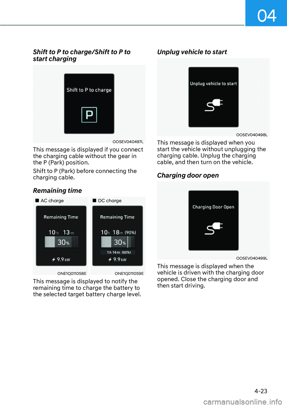 HYUNDAI IONIQ 5 2022  Owners Manual 04
4-23
Shift to P to charge/Shift to P to 
start charging
OOSEV040497L
This message is displayed if you connect 
the charging cable without the gear in 
the P (Park) position. 
Shift to P (Park) befo