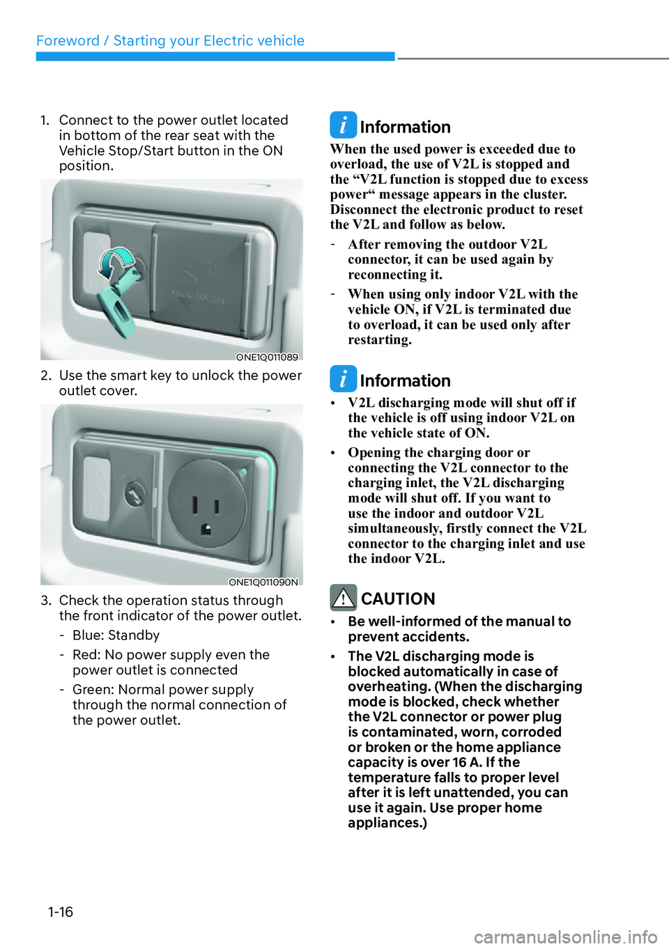 HYUNDAI IONIQ 5 2022  Owners Manual Foreword / Starting your Electric vehicle
1-16
1.  Connect to the power outlet located 
in bottom of the rear seat with the 
Vehicle Stop/Start button in the ON 
position.
ONE1Q011089
2.  Use the smar