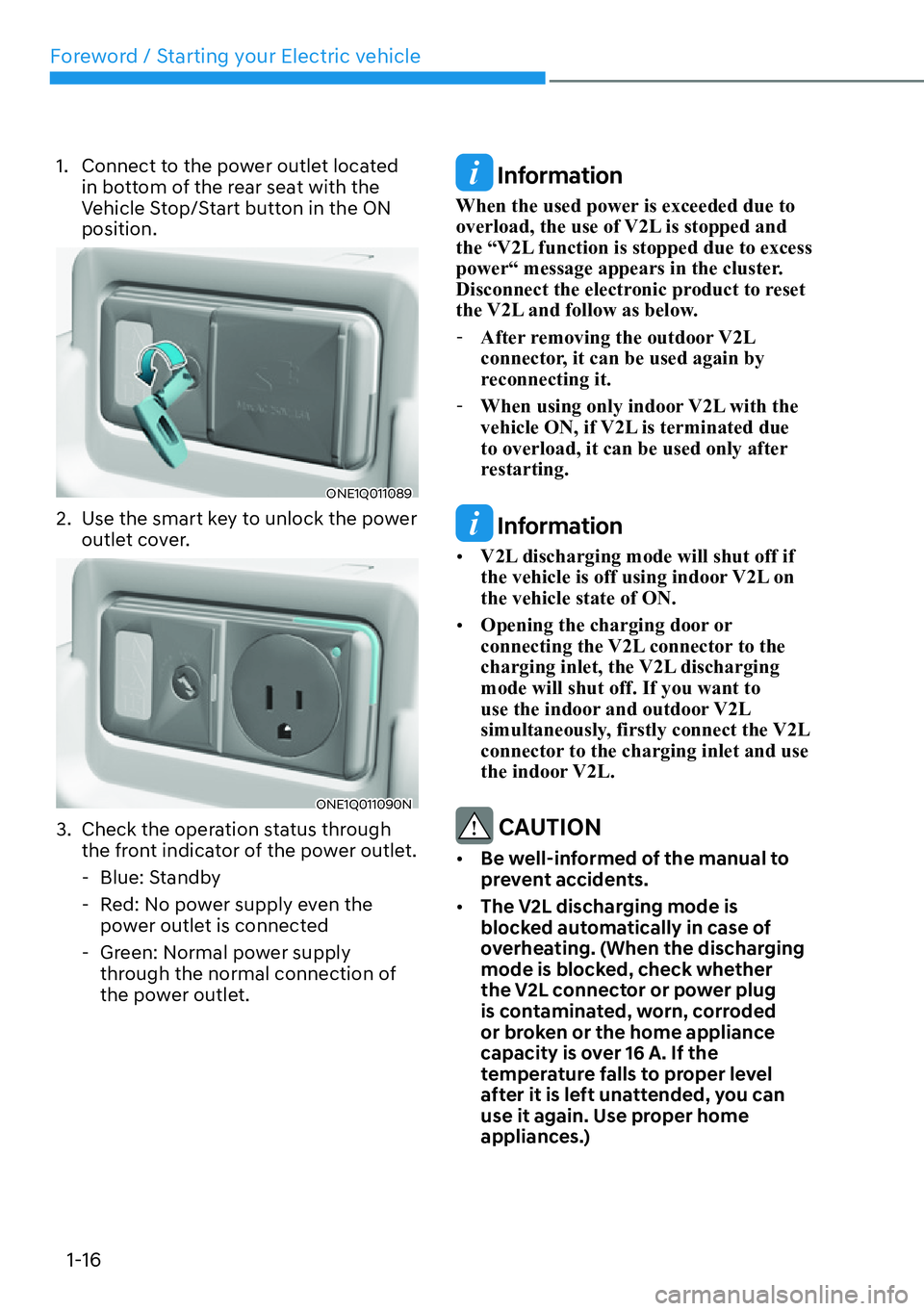 HYUNDAI IONIQ 5 2022  Owners Manual Foreword / Starting your Electric vehicle
1-16
1.  Connect to the power outlet located 
in bottom of the rear seat with the 
Vehicle Stop/Start button in the ON 
position.
ONE1Q011089
2.  Use the smar