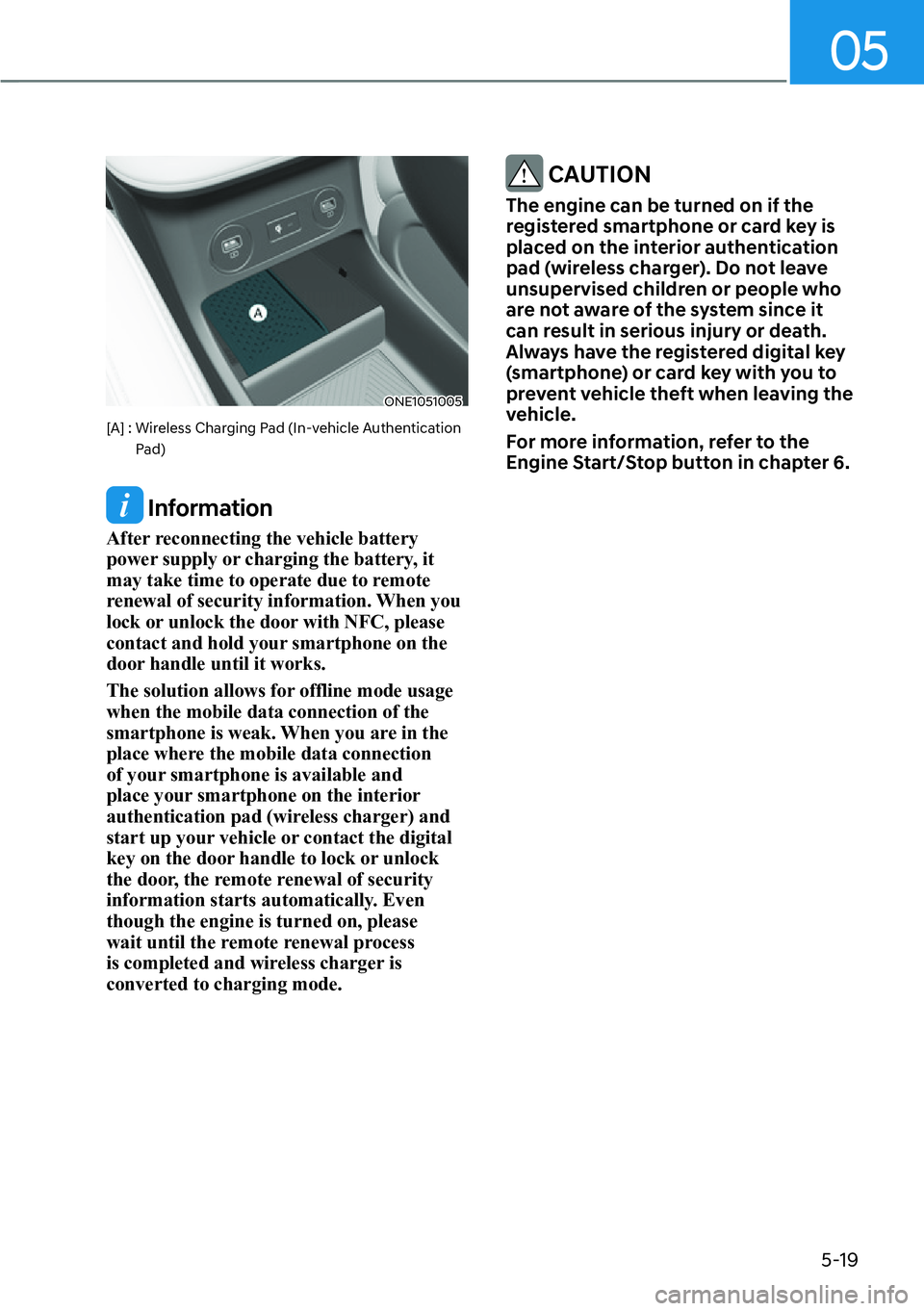 HYUNDAI IONIQ 5 2022  Owners Manual 05
5-19
ONE1051005
[A] :  Wireless Charging Pad (In-vehicle Authentication 
Pad)
 Information
After reconnecting the vehicle battery 
power supply or charging the battery, it 
may take time to operate