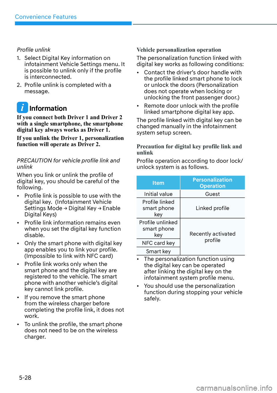 HYUNDAI IONIQ 5 2022  Owners Manual Convenience Features
5-28
Profile unlink
1.  Select Digital Key information on 
infotainment Vehicle Settings menu. It 
is possible to unlink only if the profile 
is interconnected.
2.  Profile unlink