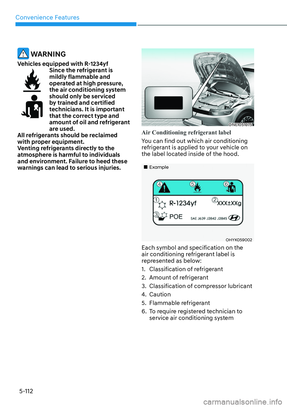 HYUNDAI IONIQ 5 2022  Owners Manual Convenience Features
5-112
 WARNING
Vehicles equipped with R-1234yfSince the refrigerant is 
mildly flammable and 
operated at high pressure, 
the air conditioning system 
should only be serviced 
by 